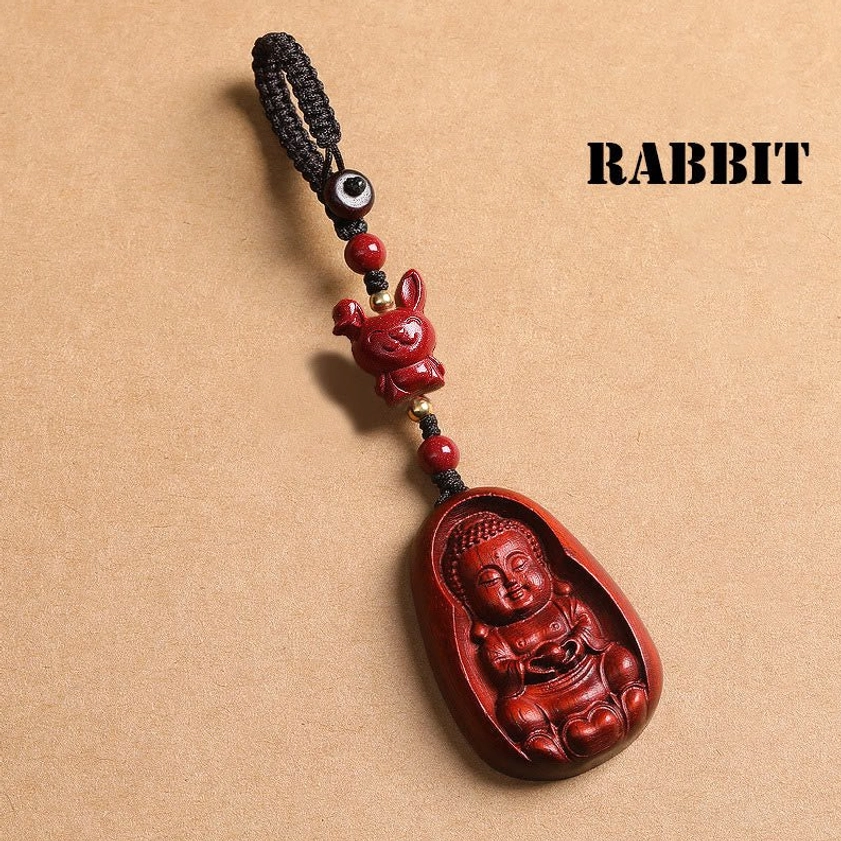Red sandalwood Rabbit zodiac Buddha keychain with carved rabbit bead and Buddha charm pendant