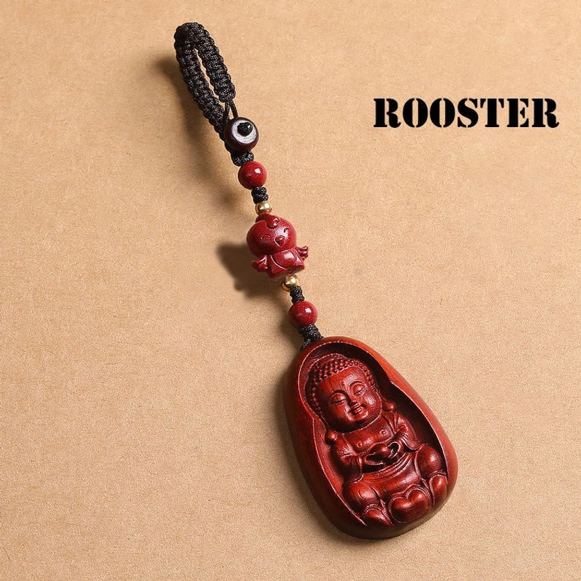 Red sandalwood Rooster zodiac Buddha keychain featuring rooster carving and baby Buddha pendant