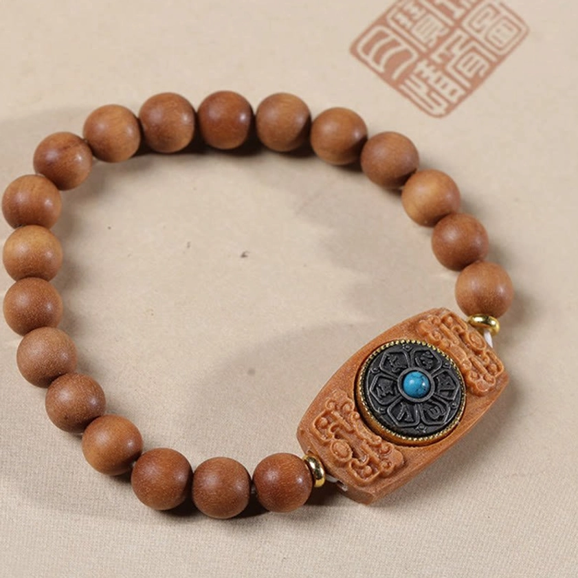 Red sandalwood peace bracelet with carved six true words charm, traditional presentation style