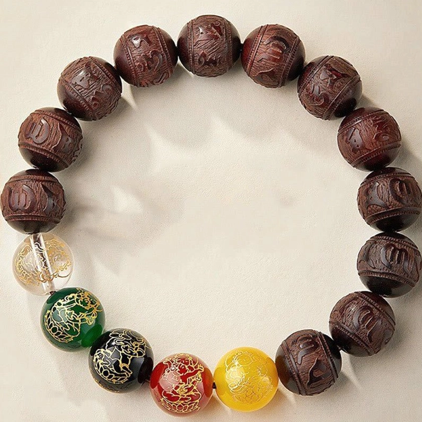 15mm bead size red sandalwood Buddhist wealth bracelet close-up showing bead detail
