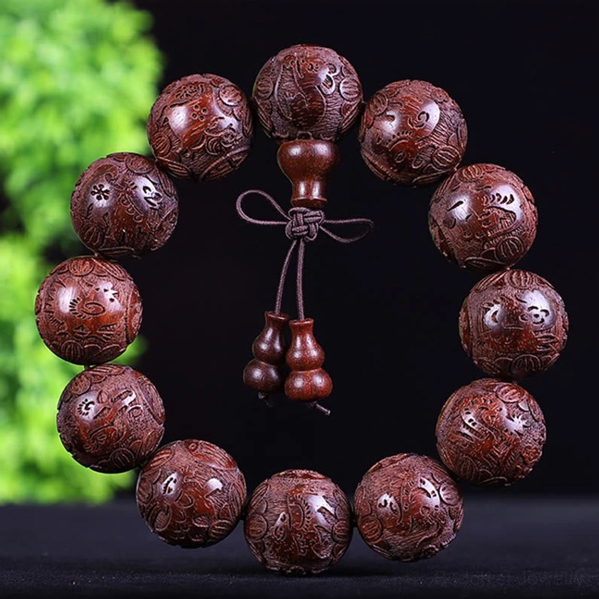Red sandalwood zodiac bracelet with all 12 zodiac animals carved, harmony and positive vibration