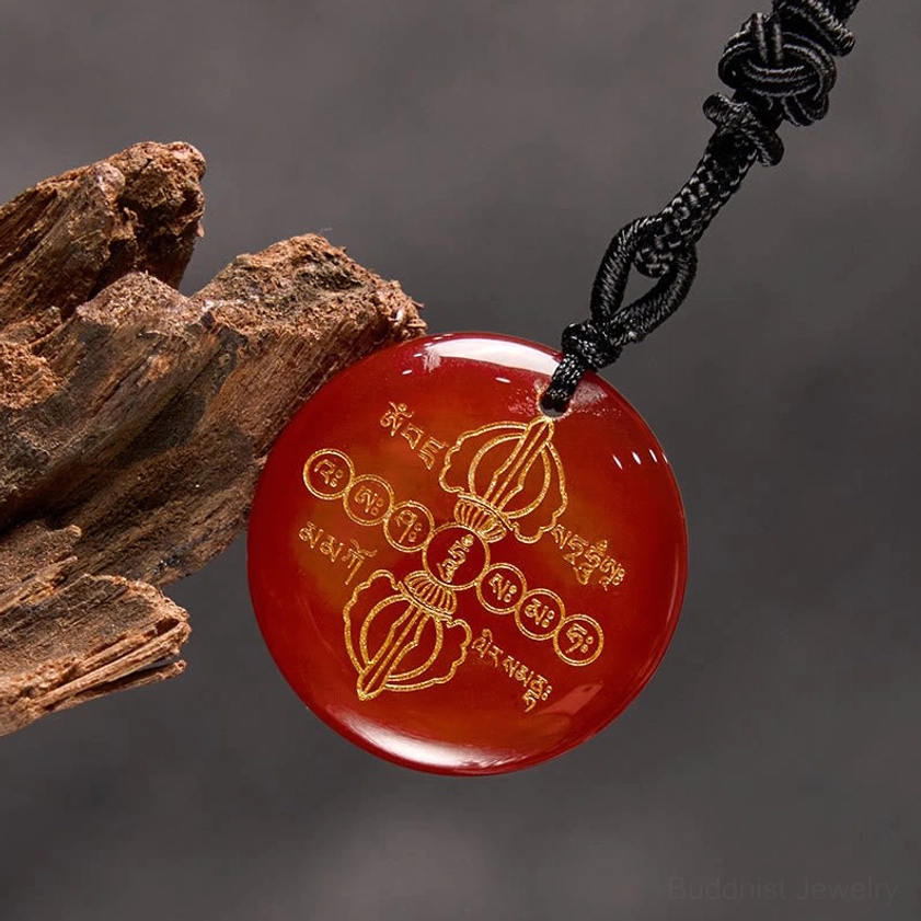 Red Stone Buddhist Necklace Pendant with Sacred Engravings - Vitality Crystal