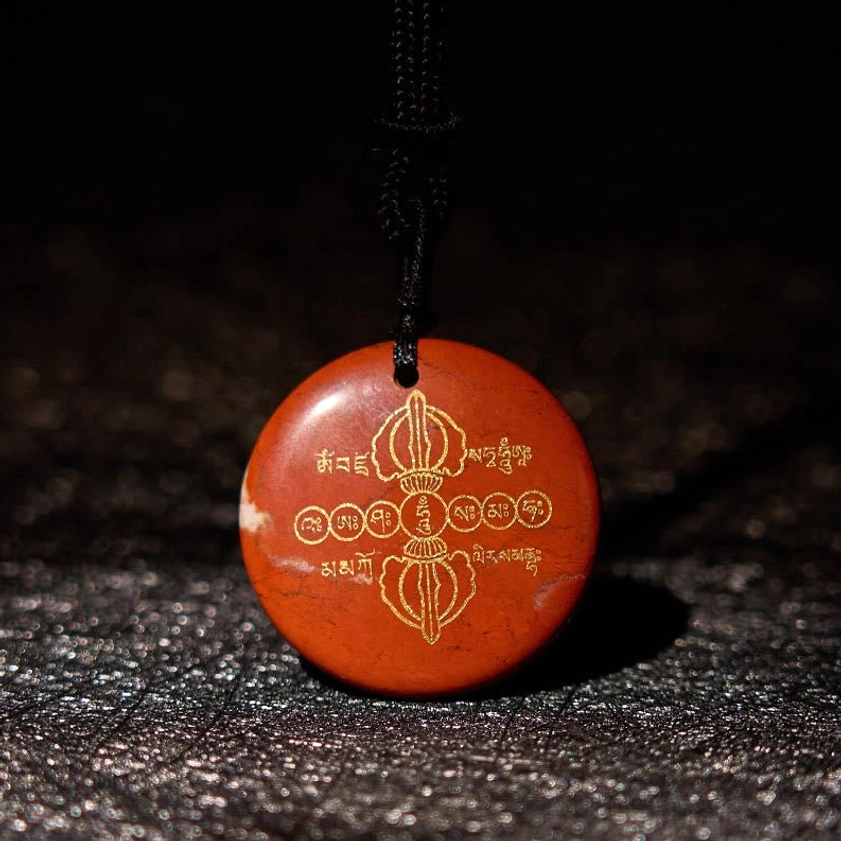 Red Stone Buddhist Pendant with Vajra Dorje Symbol - Vitality and Grounding Necklace