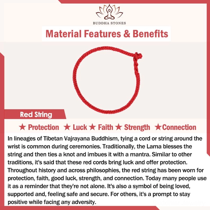 Buddhist red string bracelet symbolism infographic highlighting protection, luck, faith, and spiritual benefits