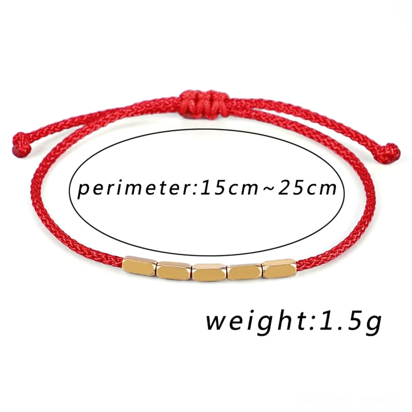 Red string Buddhist protection bracelet with polished copper beads for meditation, mindfulness, and spiritual grounding