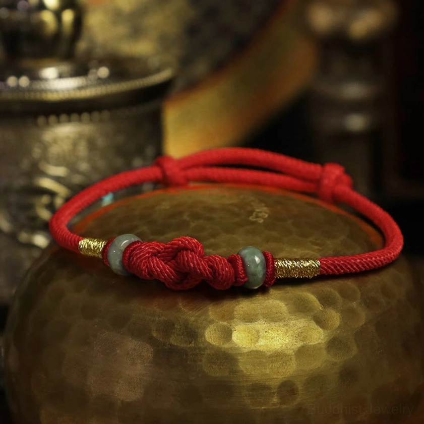 Buddhist red string jade couple bracelet handmade artisanal craftsmanship