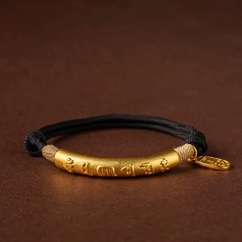 Red string Buddhist bracelet with engraved Om Mani Padme Hum mantra for spiritual protection