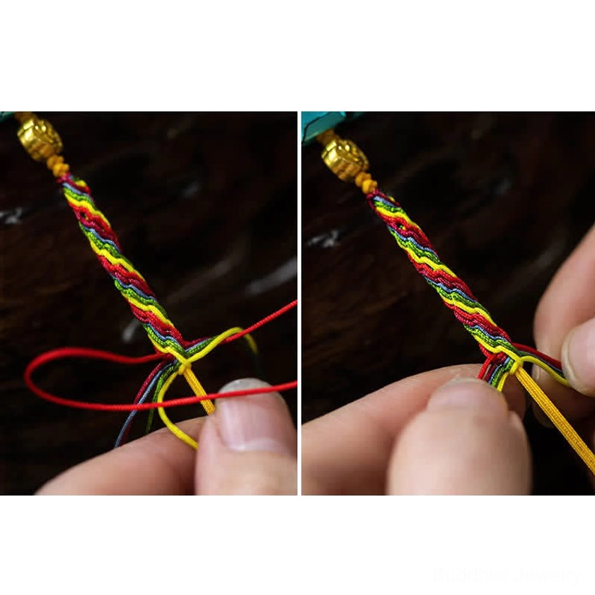Red string bracelet with Reincarnation Knot and gold Swallowing Beast charm for fortune protection