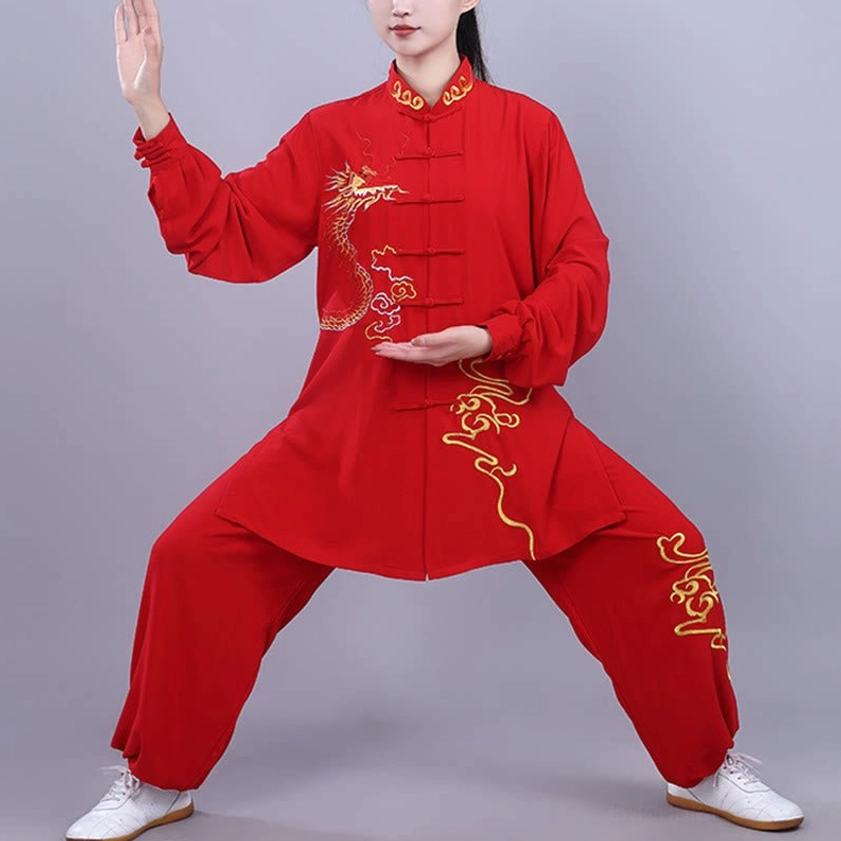 Red tai chi meditation uniform with golden dragon embroidery