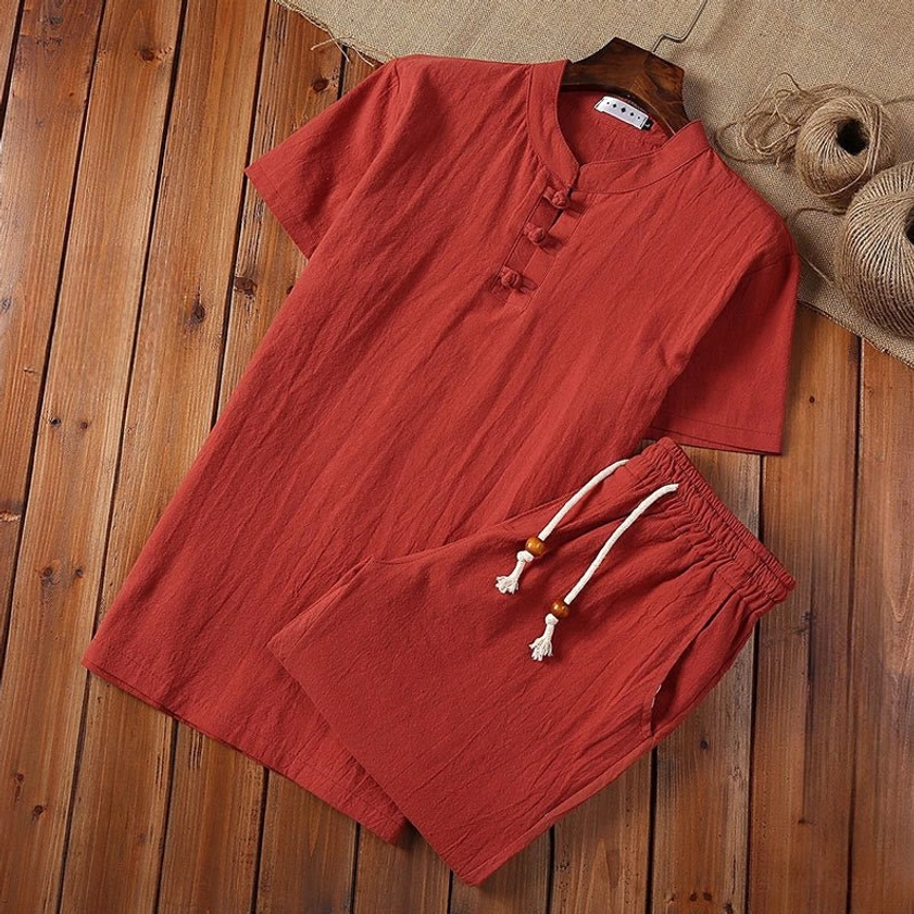 Red Tang suit two-piece set with frog buttons and drawstring pants perfect for cultural celebrations