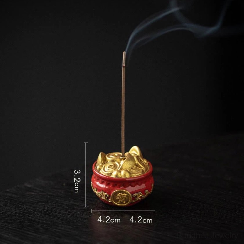 Red treasure bowl incense holder with Buddhist Bagua design for prosperity altar and meditation space