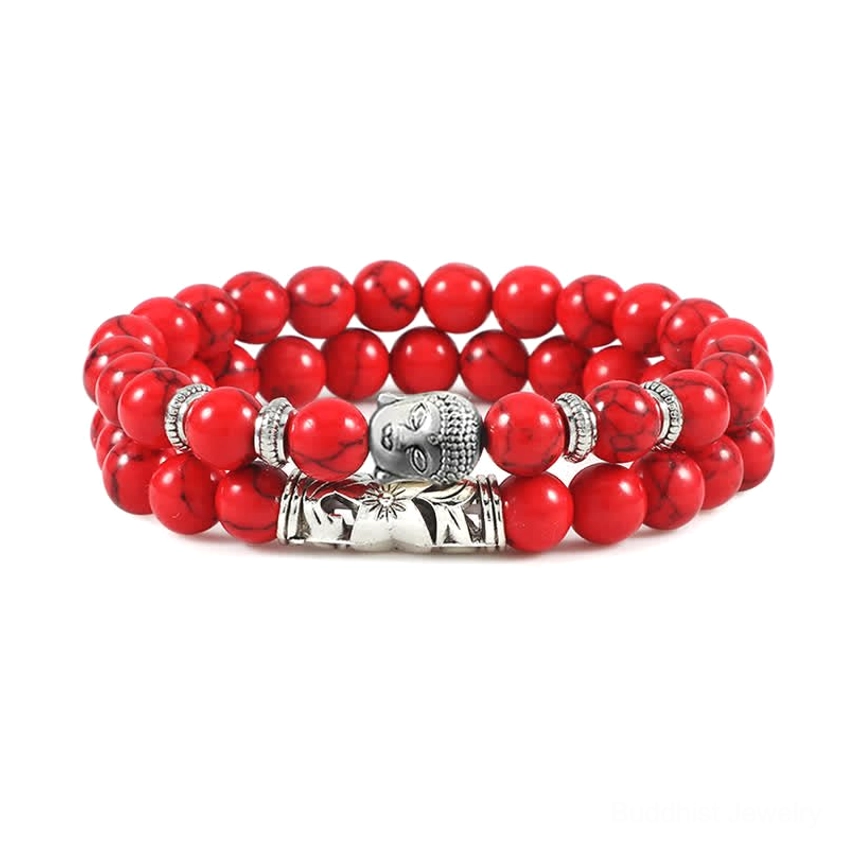 Red turquoise luck-bringing Buddhist bracelet with warm passionate stone energy and spiritual charm