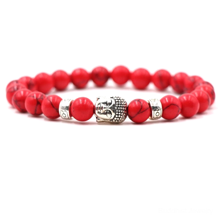 Red turquoise healing bracelet with Buddha symbol charm, natural stone beads, spiritual mala bracelet