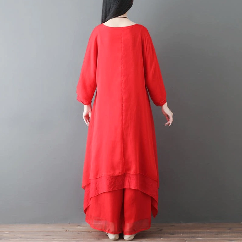 Red Zen wide leg pants with elastic waist full length view for unrestricted movement during meditation practice