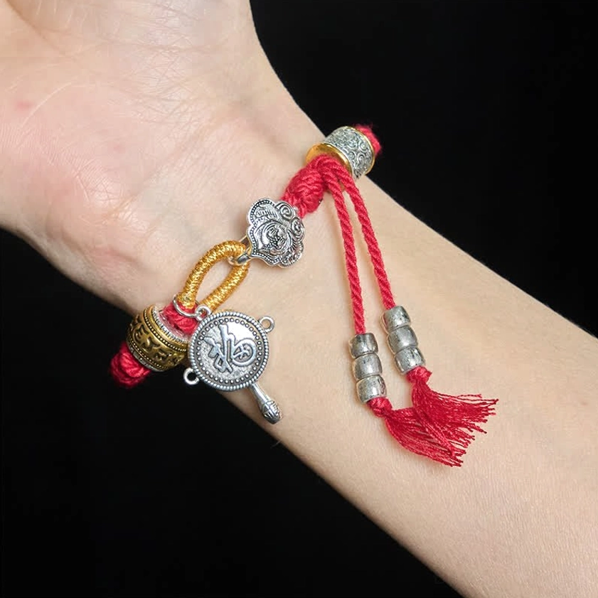 Red Woven Buddhist Bracelet with Om Mani Padme Hum Tassel Detail