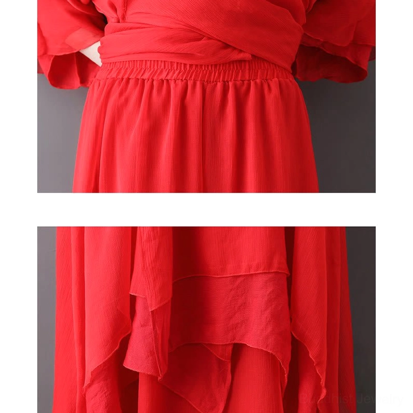 Red Zen meditation outfit complete set showing tunic dress and wide leg pants for Buddhist spiritual practice
