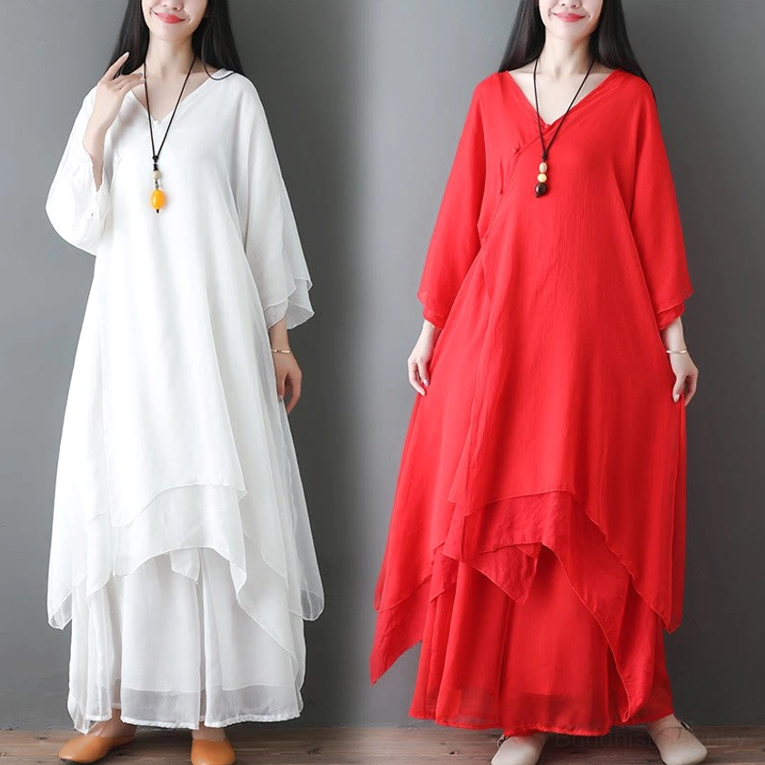 Red Zen meditation dress full outfit display showing complete two-piece set in vibrant red color for spiritual practice