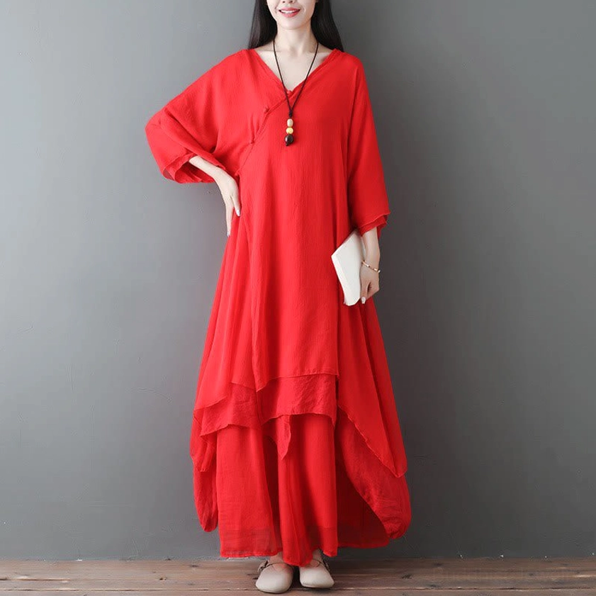 Red Zen meditation dress and pants set complete two-piece ensemble for yoga and spiritual practice