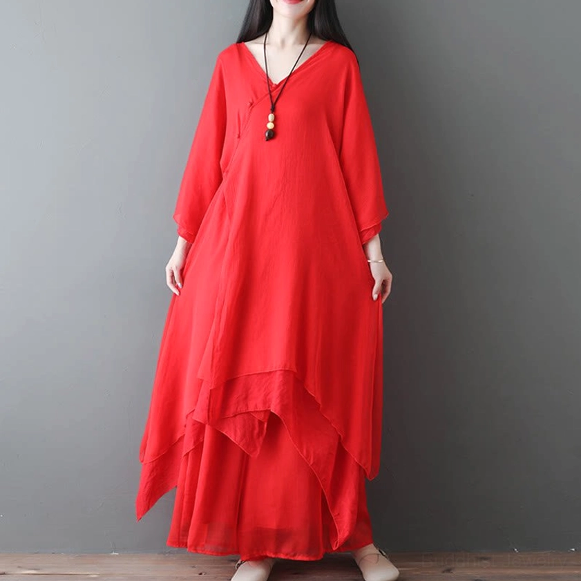 Red Zen meditation dress front standing pose demonstrating comfortable fit and graceful silhouette for yoga