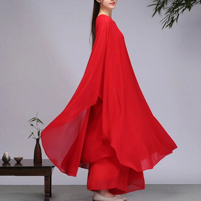 Red Zen-style meditation dress set side back view with oversized flowy sleeves for spiritual practice and movement