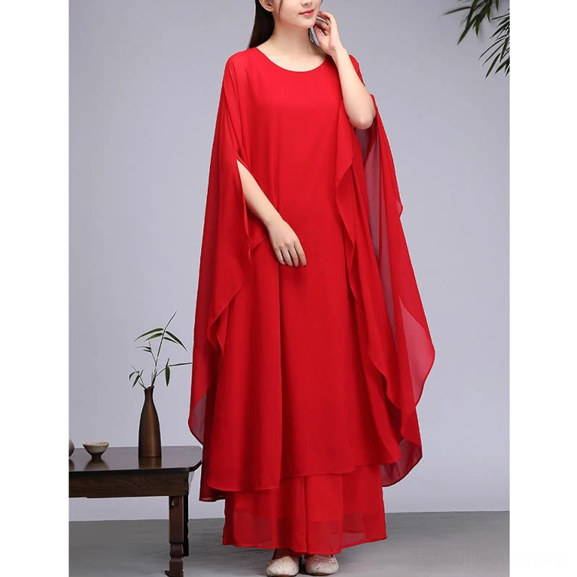Red Zen long dress meditation set front three-quarter view with simple round neck for authentic spiritual wear