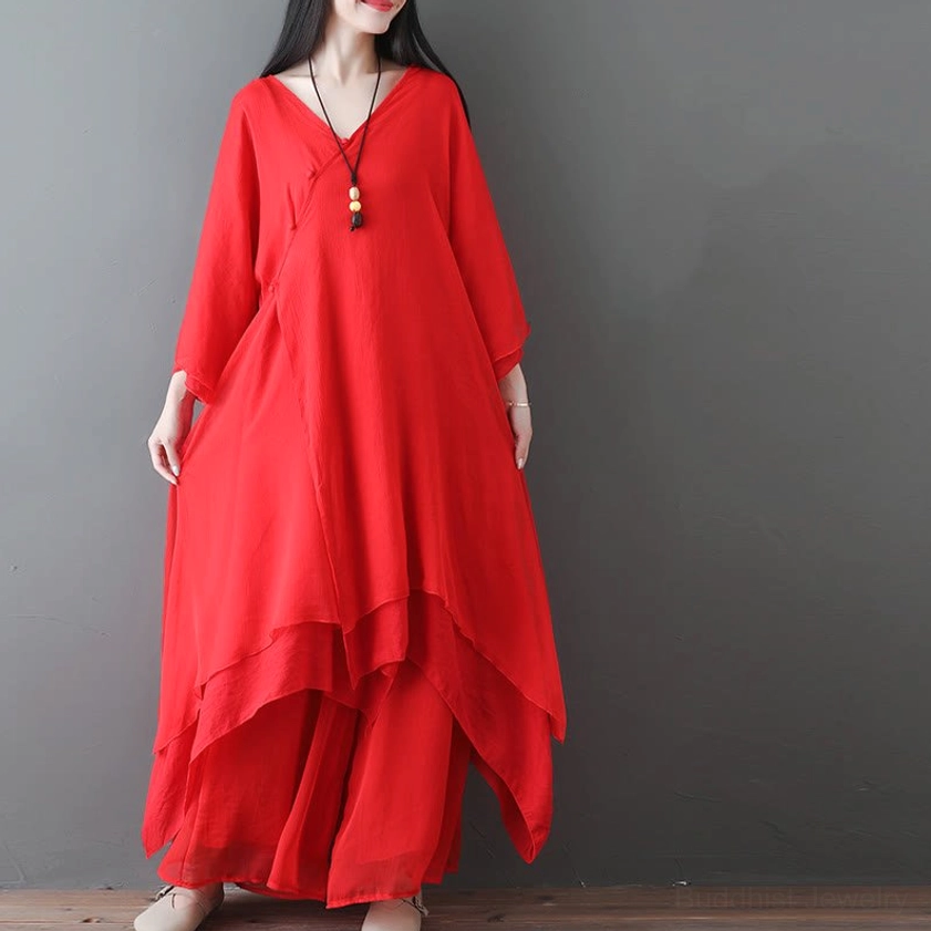 Red Zen meditation outfit back view showing simple elegant design and 7/8 sleeve length for tai chi practice