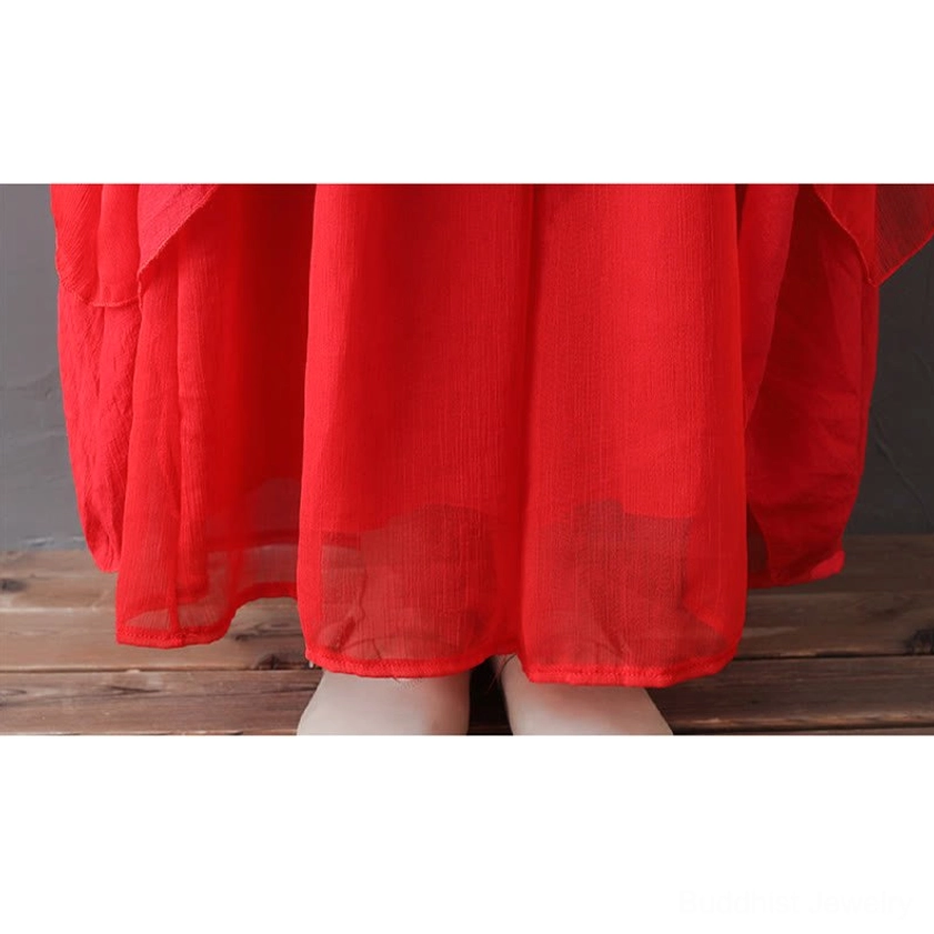 Red Zen wide leg pants waist detail showing elastic waistband and comfortable fit for extended meditation sessions