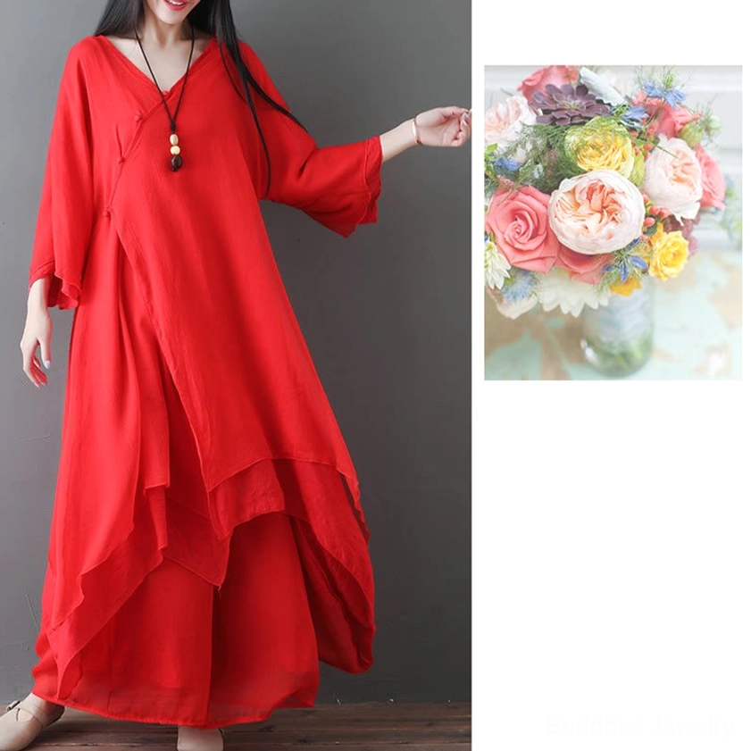 Red Zen spiritual practice clothing set three-quarter length view with elegant draping and flowing design