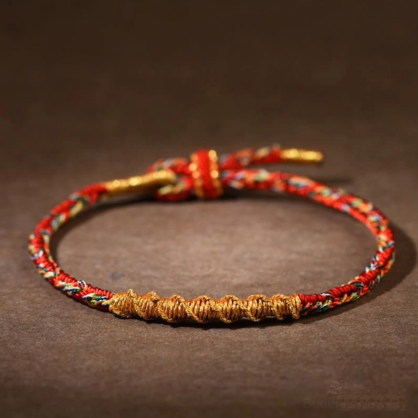 Red Buddhist Zodiac Natal Buddha Braided Rope Bracelet with Golden Twisted Weave and Adjustable Knot Closure