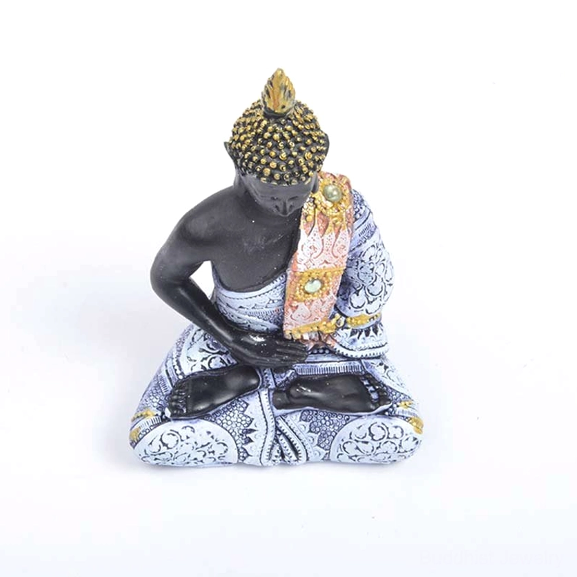 Blue and white Buddhist resin statue with alternative hand gesture and pink-gold shoulder sash