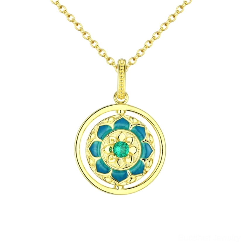 Reversible Buddhist pendant necklace front view with blue lotus enamel and green gemstone