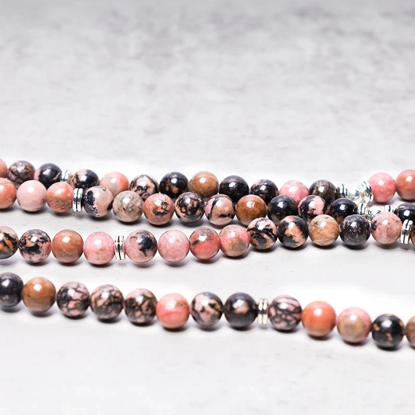 Laid-Out Rhodonite Mala Strands - Three Beaded Rows with Metal Spacers Detail