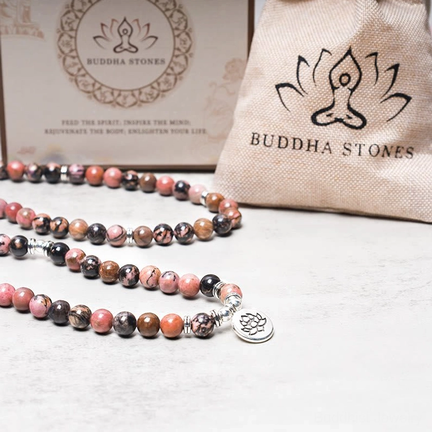 Rhodonite Mala Bracelet with Brand Linen Pouch and Card - Complete Product Packaging