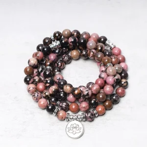 108 Rhodonite Mala Beads Bracelet with Silver Lotus Charm - Top-Down Close-Up View
