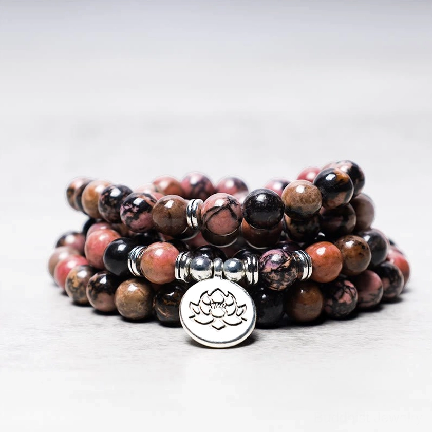 Stacked Rhodonite Buddhist Prayer Mala Set - Flat Lay Detail of Natural Stone Beads