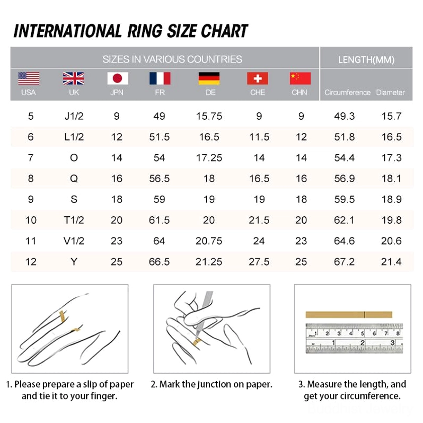 International ring size chart showing US EU UK and other sizing standards with measuring guide for Om Mani Padme Hum rings