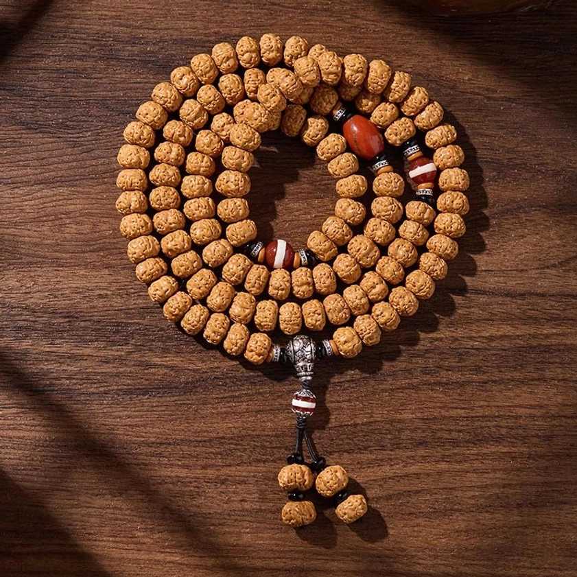 Rising sun bodhi seed mala prayer beads 10mm with three-eye dzi stone meditation necklace
