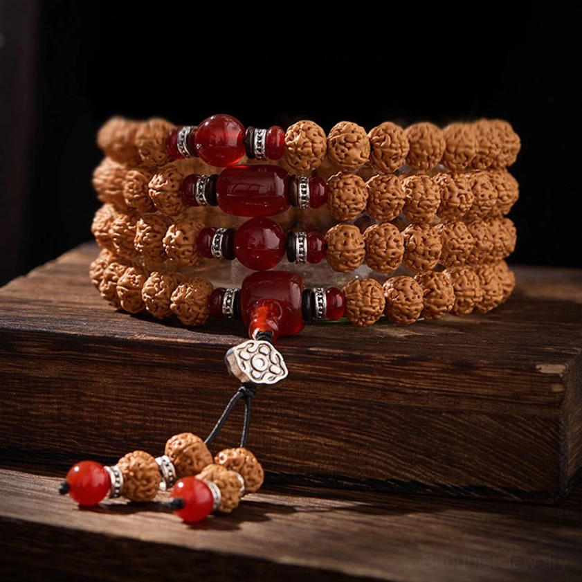 Rising sun style bodhi seed mala with three-eye dzi bead 10mm beads Buddhist prayer necklace variant