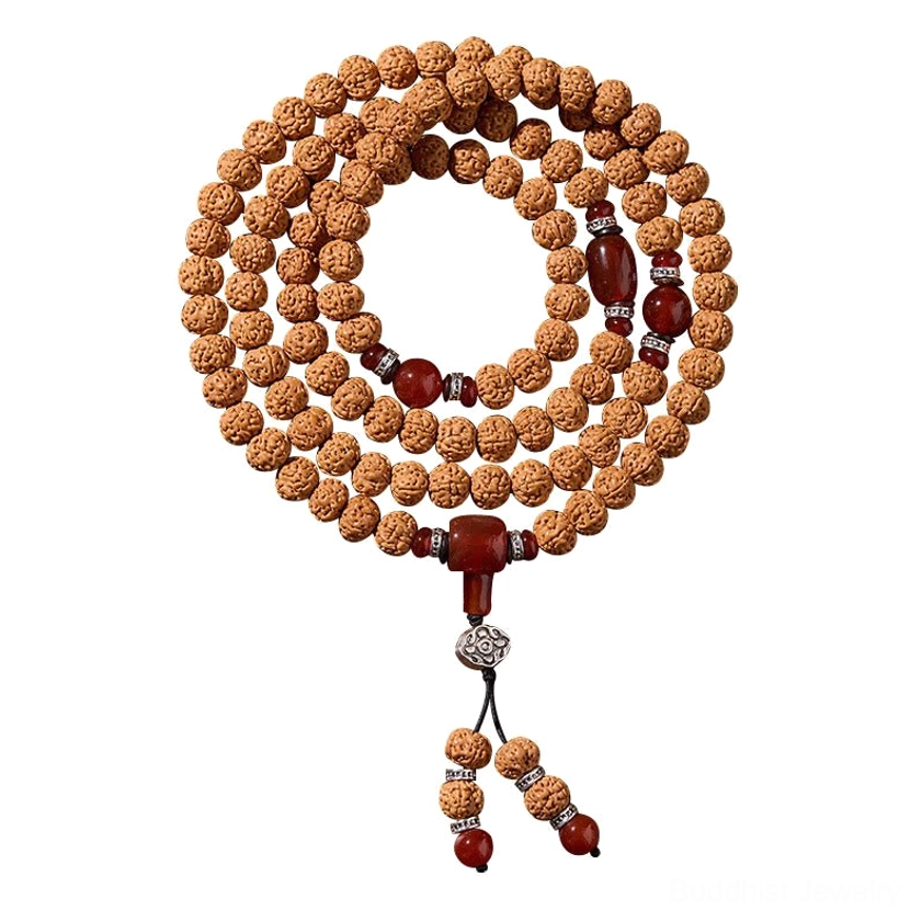 Rising sun design 8mm bodhi seed prayer mala with three-eye dzi bead Buddhist pendant style