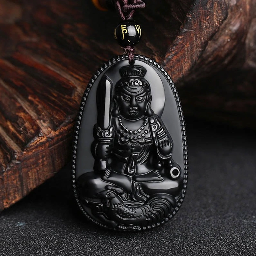 Rooster zodiac Acalanatha Buddha black obsidian spiritual protection necklace pendant