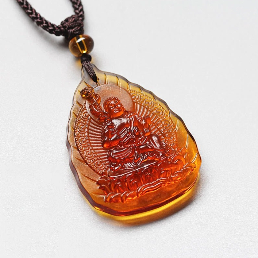 Rooster Acalanatha Liuli crystal zodiac natal Buddha leaf pendant necklace with protective deity
