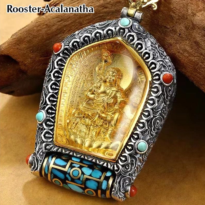 Rooster Acalanatha Immovable Buddha Natal Buddha pendant close-up showing fine engraving and gemstone inlay work