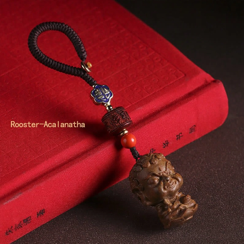 Rooster natal buddha Acalanatha sandalwood keychain spiritual protection with determination energy