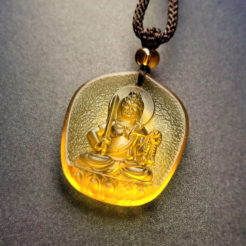 Rooster Zodiac Acalanatha Wisdom King Liuli Crystal Pendant - Buddha with Sword and Prayer Beads
