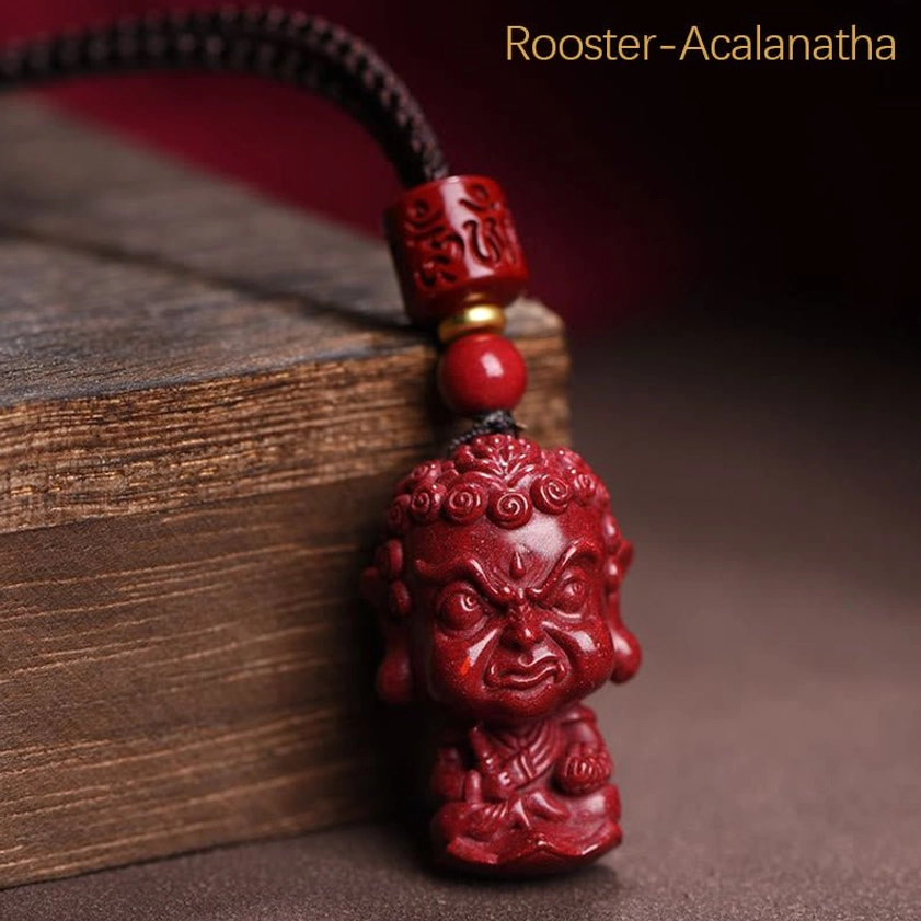 Rooster Acalanatha natal Buddha cinnabar pendant with woven cord necklace