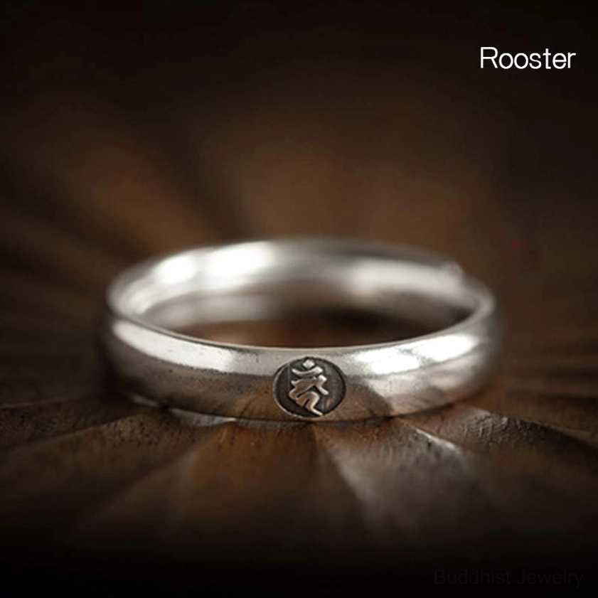 Rooster zodiac natal buddha 925 sterling silver couple ring with embossed design