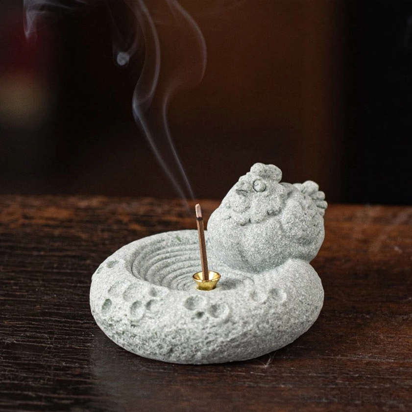 Rooster zodiac incense burner side view angle detail