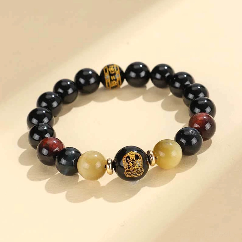 Rooster zodiac natal Buddha variant of black onyx tiger eye Om Mani Padme Hum Buddhist bracelet