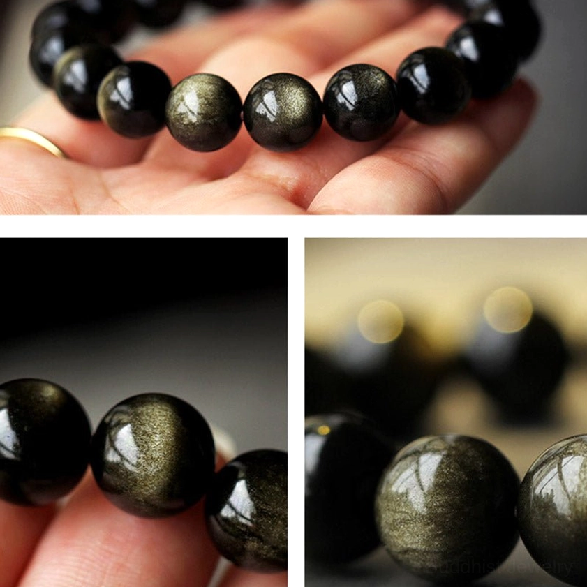 Rooster zodiac natal Buddha obsidian bracelet for courage and spiritual vigilance