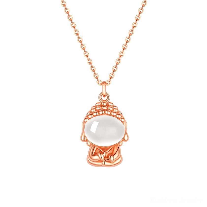 Rose gold Buddha pendant necklace with large white chalcedony stone and detailed Buddha carving, vertical front studio close-up